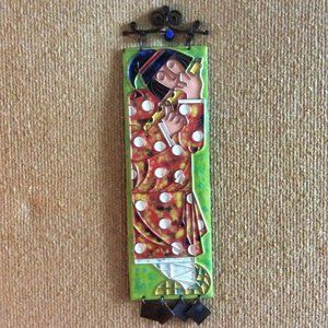 VTG Russian Enamel Copper Wall Hanging Peasant Playing The Flute Retro Folk Art